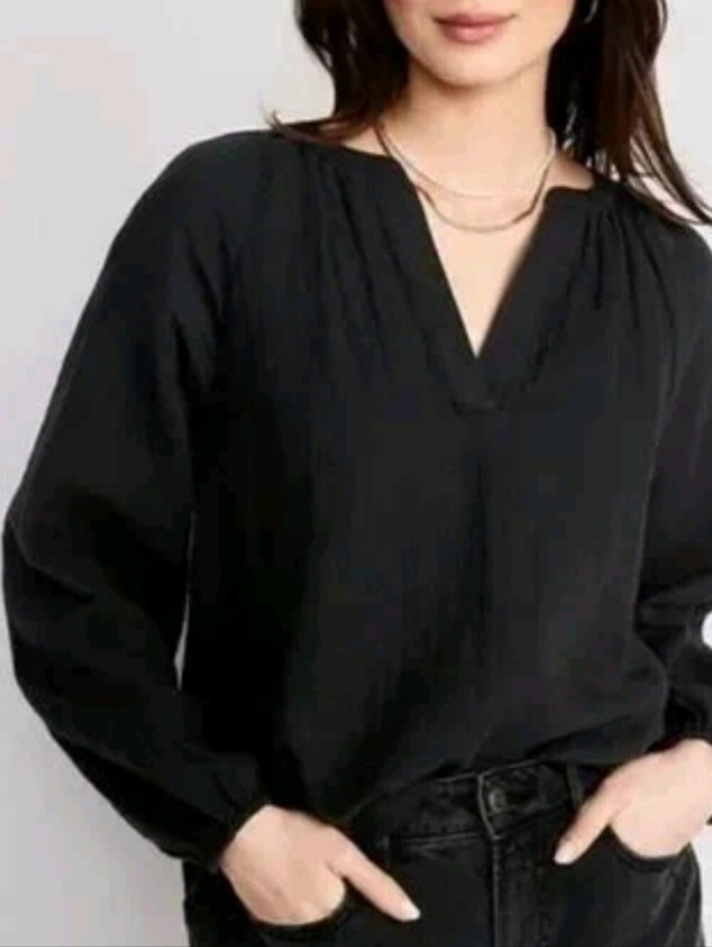 Old Navy Womens Black Split-Neck Blouse Peasant Flowy Top XXL Raglan Long Sleeve
